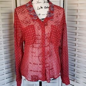 Free People red long sleeve semisheer button down woman shirt size S